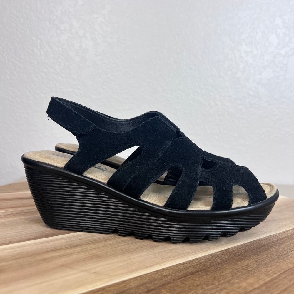 Skechers Parallel Wedge Sandals Womens 7 Black Suede Memory Foam Comfort Casual